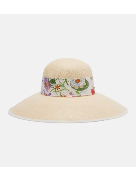 Pălărie de soare Gucci de mătase cu model floral bej