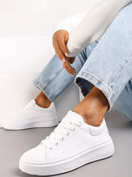 Sneakers albi din piele ecologică pe talpă groasă cu șiret Serizia alb
