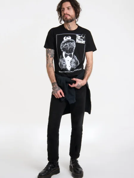 LOGOSHIRT Tričko Sesamstrasse Krümelmonster Pate čierna biela