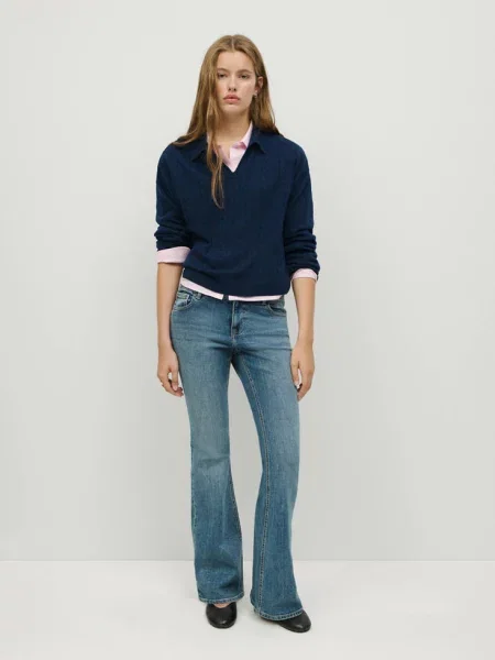 Sweter z plecionym kołnierzykiem polo Teen L MANGO TEEN granatowy