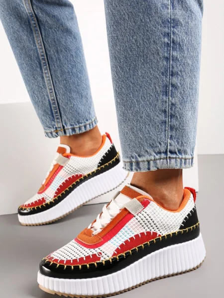 Sneakers Alb-Portocaliu pe Platformă cu Ținte și Inserții Patchwork Jeneria alb