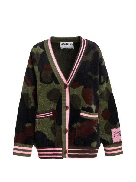 Cardigan Essentiel Antwerp cu dungi din jacard verde