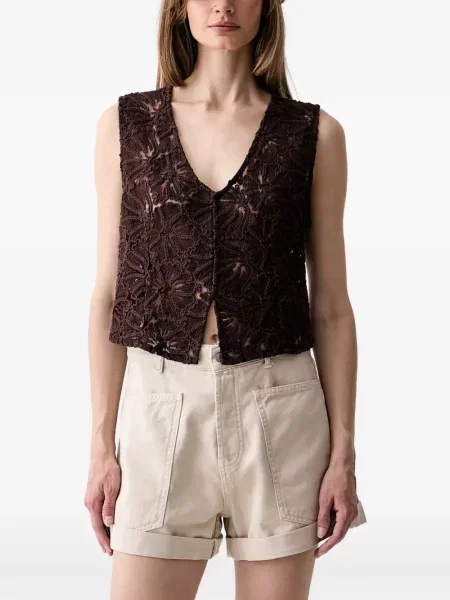 Top Haveone cu model floral cu decolteu în V din dantelă maro