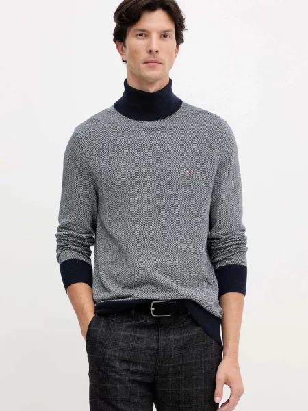 Tommy Hilfiger sweter z domieszką wełny granatowy lekki z golferm biały