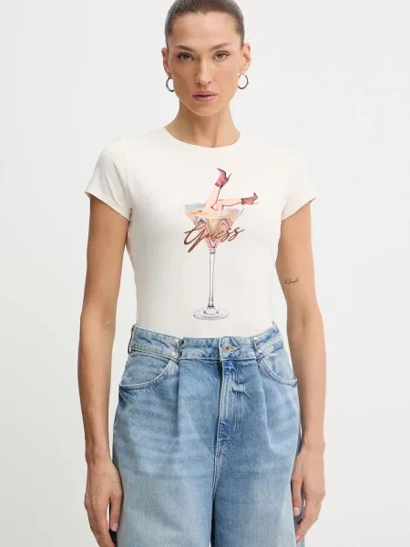 Тениска GUESS Ss Tini Boots Espresso R5 Tee Beige S бежово