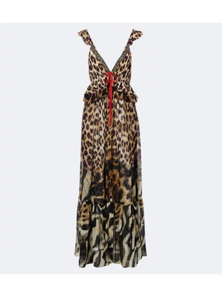Rochie maxi Camilla de mătase cu imagine cu model leopard