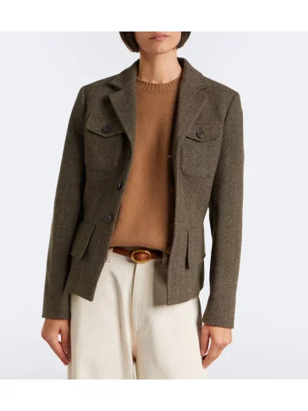 Vlnená opasaný bunda Polo Ralph Lauren so vzorom rybej kosti hnedá