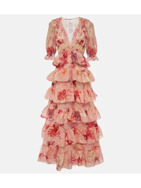 Rochie maxi Camilla de mătase cu model floral de costum roz