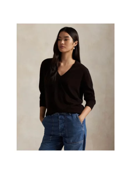 Sweter Polo Ralph Lauren z dekoltem w serek brązowy