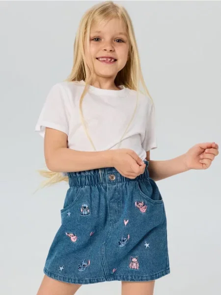 Sinsay Džínová sukně s výšivkou Stitch modrá