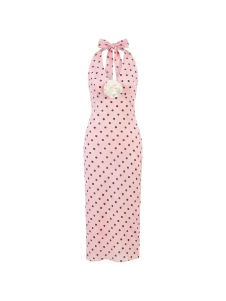 Rochie midi Sleeper cu buline cu gât halter roz