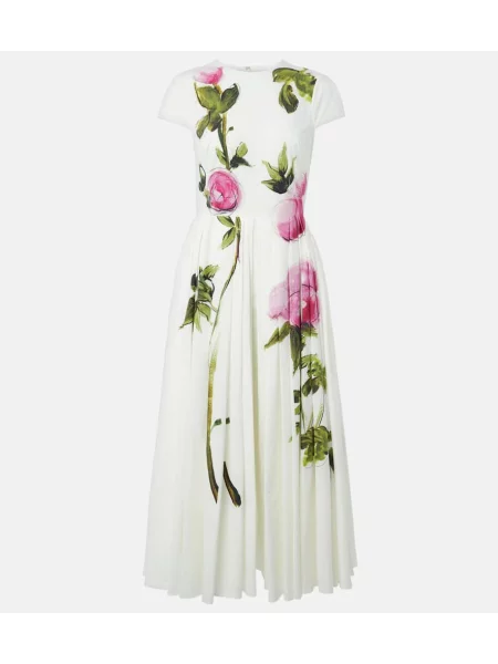Rochie midi Oscar De La Renta cu model floral până la genunchi din poplin alb