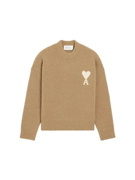 Sweter Ami Paris wełniany z okrągłym dekoltem brązowy