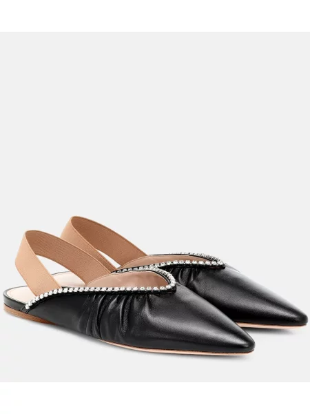 Usnjene balerinke Miu Miu z odprtimi petami črna