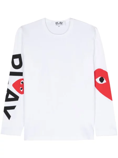 Tricou Comme Des Garcons Play cu imagine cu motiv cu inimi lung alb