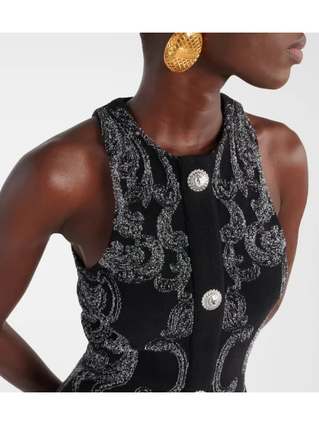 Rochie Balmain cu model paisley cu gât halter din jacard negru