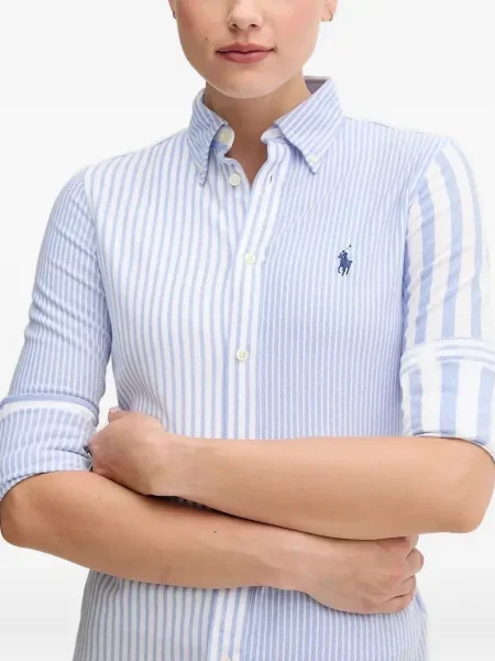 Tricou Polo Ralph Lauren cu decolteu rotund de mătase cu dungi alb