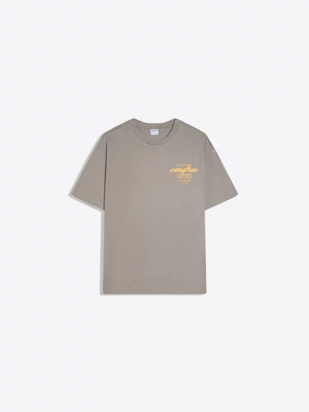 Bershka Tricou PARADISE CLUB fumuriu / portocaliu pastel gri