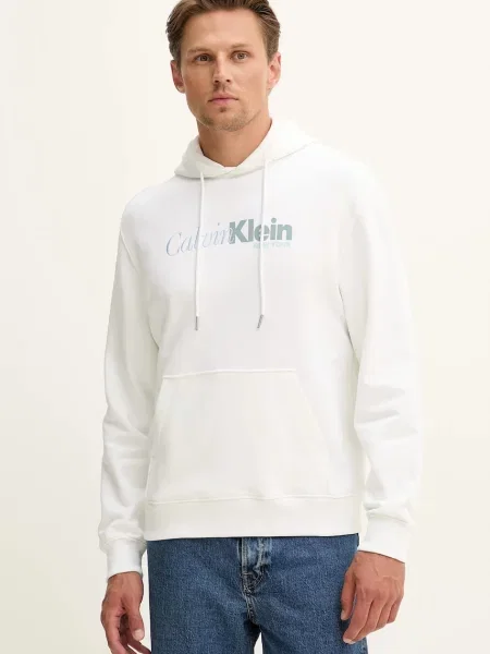 Суичър с качулка Calvin Klein с качулка с принт бяло