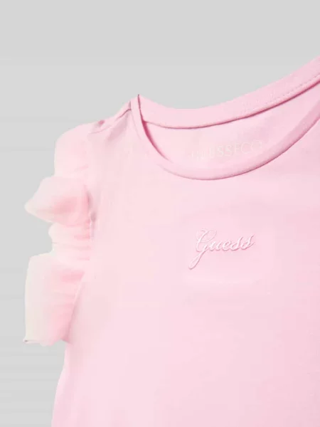 T-shirt z haftowanym logo i dekoltem w stylu crew neck Guess różowa