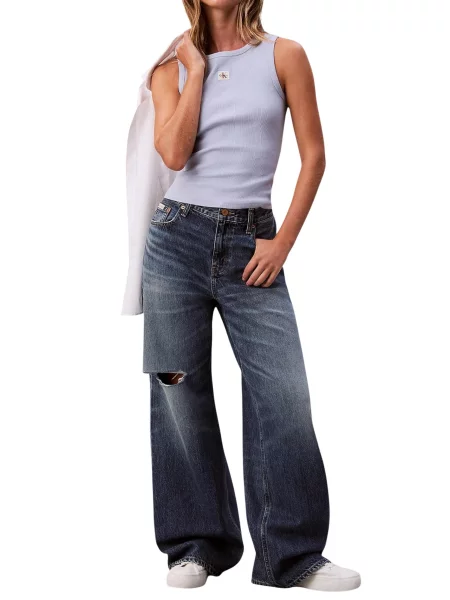 Top dżinsowy Calvin Klein bez rękawów z okrągłym dekoltem niebieski