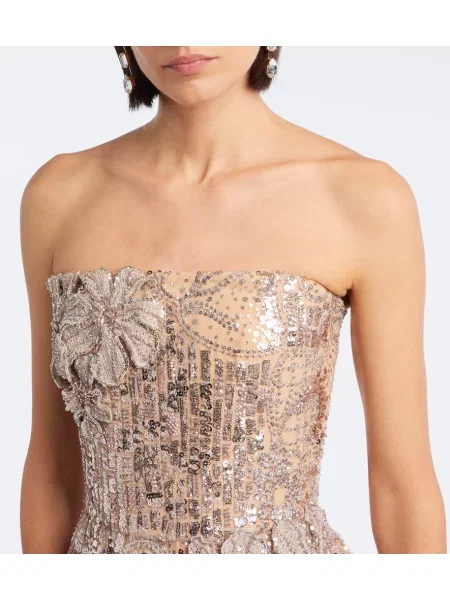 Sukienka Elie Saab w kwiatki tiulowa z naszywkami beżowa