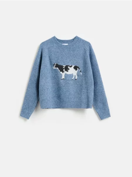Reserved Pulover cu motiv animalier metalizat albastru