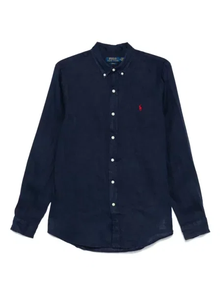 Lniana haftowana koszulka Polo Ralph Lauren w paski niebieska