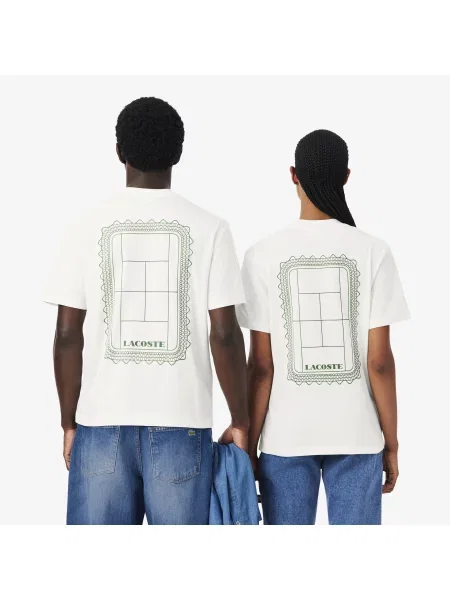 Lacoste Koszulka Z Nadrukiem Tenisowym Jersey Kremowa biały