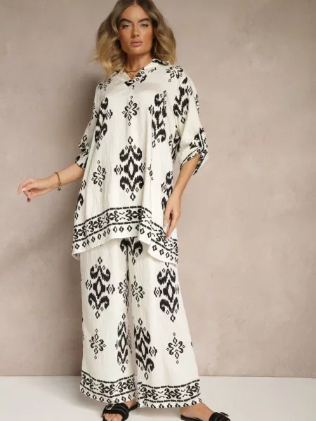 Komplet z Wiskozą Koszula i Spodnie Zdobione Etnicznym Printem Mepina biały