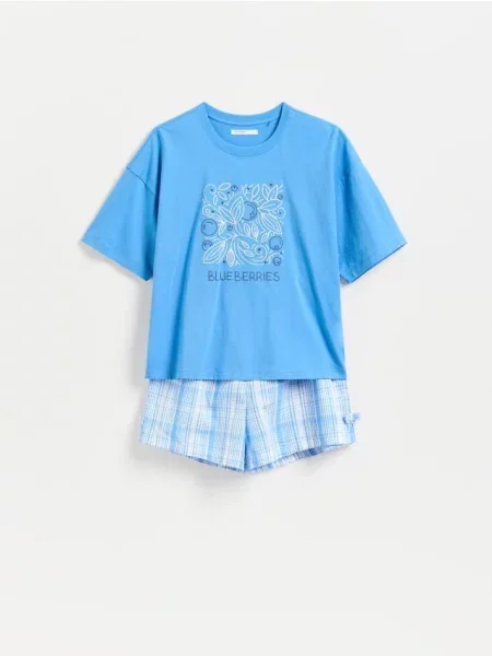 Reserved Set pijama din două piese cu imprimeu albastru
