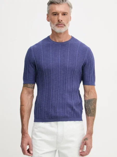 United Colors of Benetton tricou tricotat pentru bărbați cu amestec de in albastru
