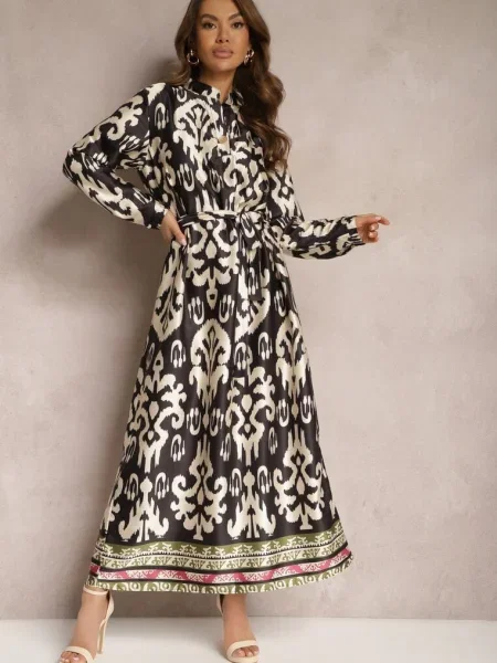 Rochie Satinată Neagră și Stil Cămașă cu Imprimeu Ornamental Tarosa și în Talie albă