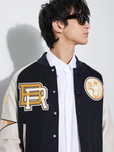 Baracuta jachetă bomber din amestec de lână Varsity Bomber bleumarin de tranziție