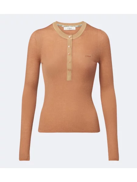 Cămașă Chloé de lână cu guler henley roz