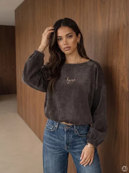 Bluza oversize z haftem bez kaptura Dstreet grafitowa