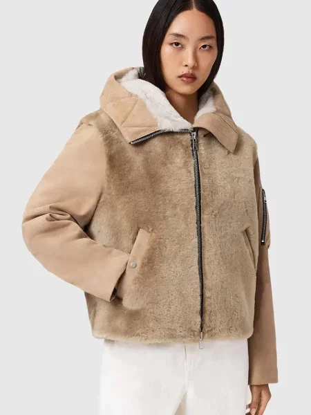 AllSaints geacă din piele întoarsă de tranziție bej