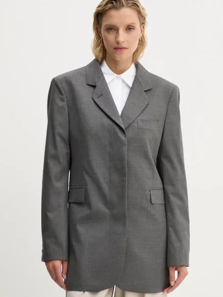 Remain sacou din lana Boxy Blazer un singur rand de neted gri