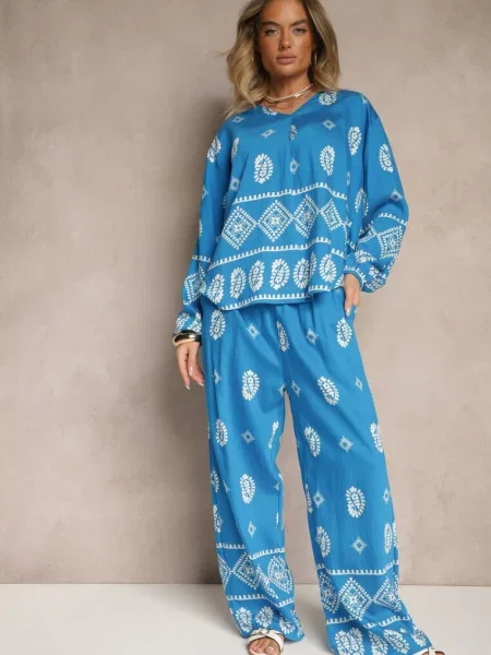Komplet w Stylu Etno Spodnie z Gumką w Pasie i Bluzka Oversize Eviralyn niebieski