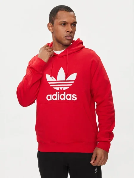 Суичър с качулка Adidas с качулка с принт червено