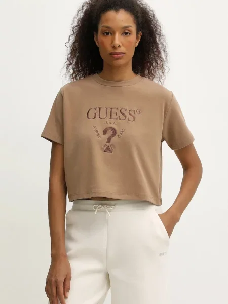 Тениска Guess FABIA дамска кафяво бежово