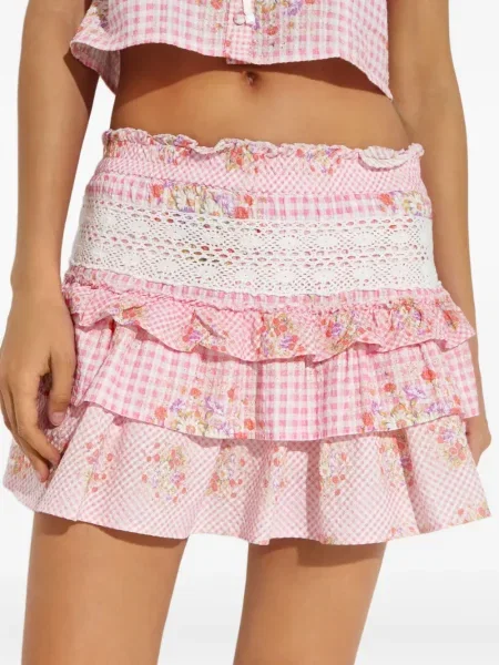 Fusta mini Loveshackfancy cu model floral din dantelă roz
