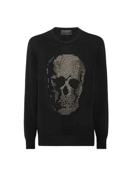 Sweter Philipp Plein skórzany z okrągłym dekoltem czarny