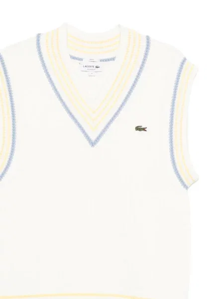 Плетен елек Lacoste на райета с V-образно деколте бяло