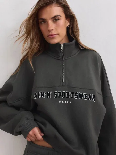 Bluza dresowa z półzamkiem drapana luźna Varsity ciemna zieleń zielona
