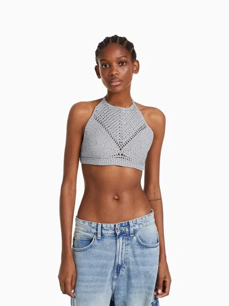 Bershka Top brodat argintiu
