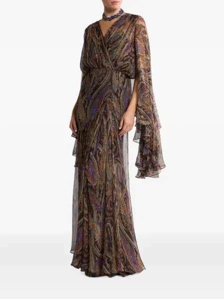 Rochie Etro de mătase cu volane cu model paisley maro
