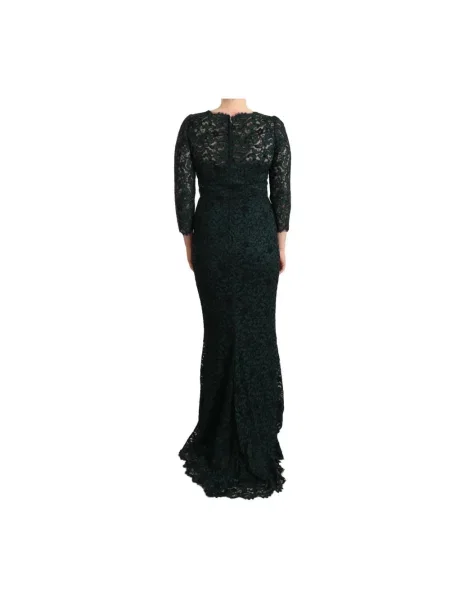 Długa sukienka maxi Dolce And Gabbana w kwiatki koronkowa zielona