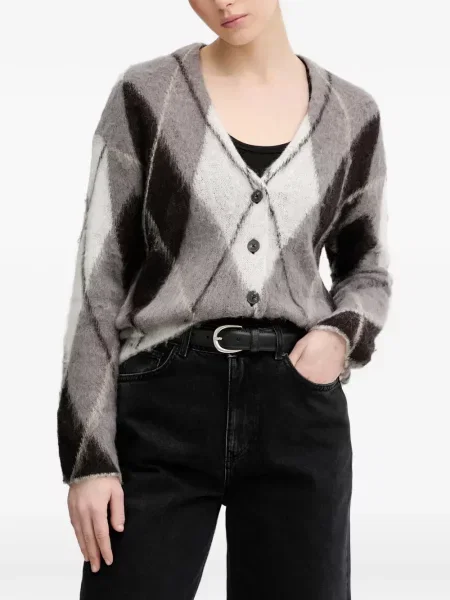Cardigan Sisley tricotate cu decolteu în V cu model argyle gri