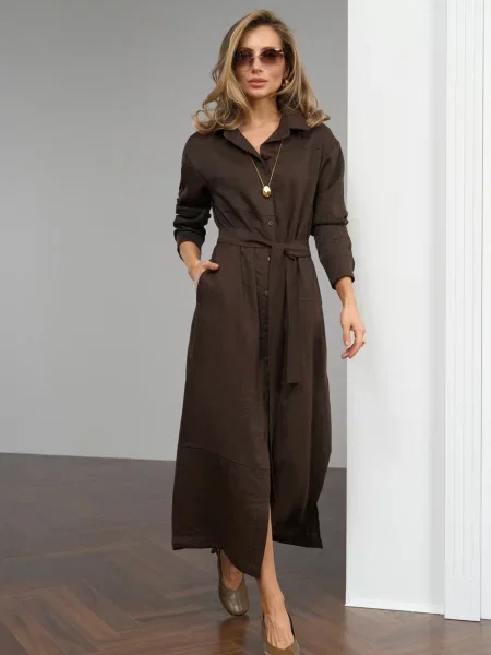Лляна Сукня міді TrikoBakh темно-коричневий коричнева